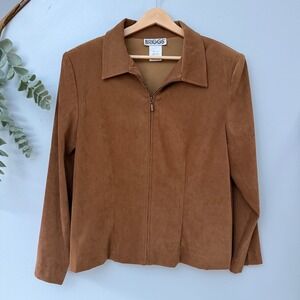 Briggs Jacket Blazer Office Brown Zip Up Faux Suede Collared Long Sleeve Career